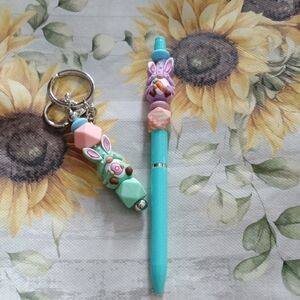 Pastel Bunny Keychain and Pen Set